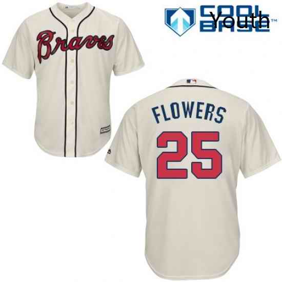 Youth Majestic Atlanta Braves 25 Tyler Flowers Replica Cream Alternate 2 Cool Base MLB Jersey